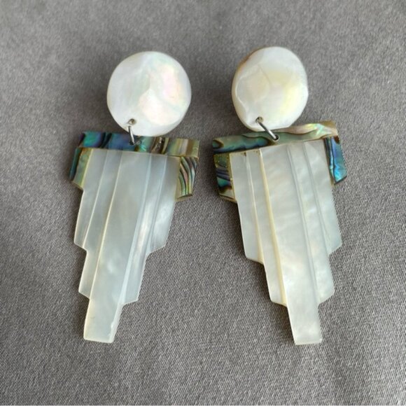 Carved Mother of Pearl and Abalone Shell Earrings - Picture 9 of 13